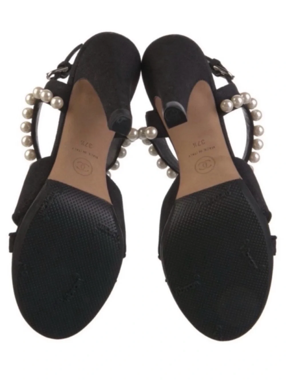 CHANEL 2014 Runway Black Suede Faux Pearl CC Slingback Sandals NWOT